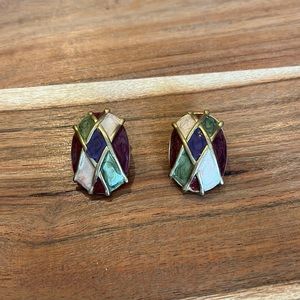 Chico's Multicolor Diamond Patterned Gold Clip On Earrings